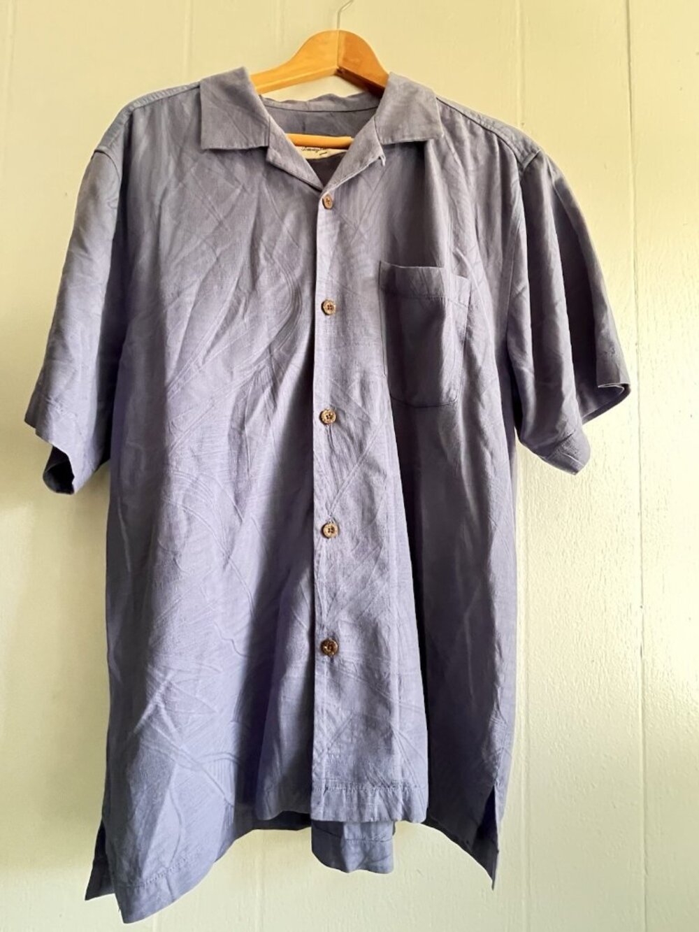 Tommy Bahama Mens M Silk Cotton Camp Shirt Periwinkle Blue Leaf Jacquard Aloha